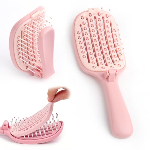 Self Cleaning Hair Brush, Curved Vented Detangler Brush for Faster Blow Drying, Anti-Breakage Wet & Dry Hair Brush for Women Men Kids, All Hair Types, Folding Travel Brush, Pink - color: Pink