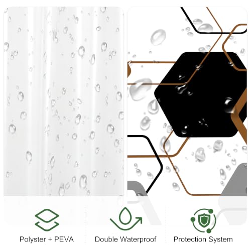 LQCOOL Brown Black Hexagon Shower Curtain and Liner, 3 in 1 Shower Curtain Set with 12 Double Sided Shower Curtain Hooks, Waterproof Fabric Shower Curtains for Bathroom,72" W*72" H - color: Black