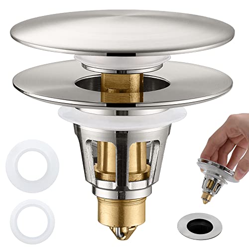 3-in-1 Universal Bathroom Sink Stopper - Brushed Nickel Pop Up Sink Drain Stopper, Brass Bounce Bullet Core Sink Stopper Replacement, Wash Basin Drain Filter Plug with Anti-Clogging Strainer - color: Brushed Nickel, style: Large Cover