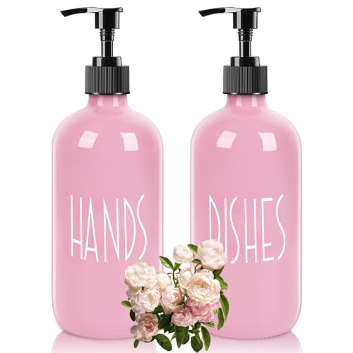 Glass Soap Dispenser with Plastic Pump for Kitchen - 16 OZ Glass Hand Soap Dispenser Set - Kitchen, Bathroom for Decor and Accessories (Pink) - color: Pink