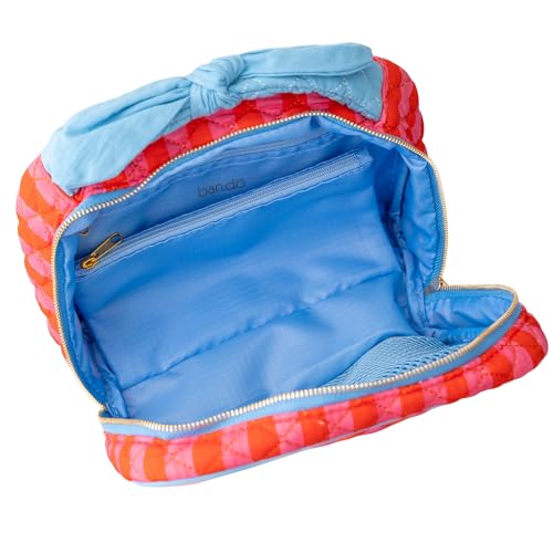 ban.do Quilted Toiletry Bag with Bow Handle, Stripes | Pink and Red Cosmetic Bag for Traveling, Spacious Organizer for Makeup with Interior Pockets and Zippers Closure