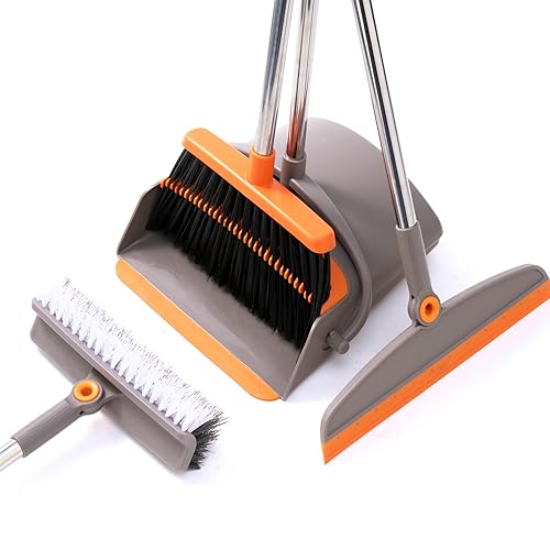 Multifunction 3-in-1 Broom and Dustpan, Silicone broom Squeegee and Scrub Brush Set with Long Adjustable Handle for Indoor & Outdoor Sweeping and Scrubbing, Ideal for Pet Hair, Liquids Spills and Dirt - color: Orange and Grey