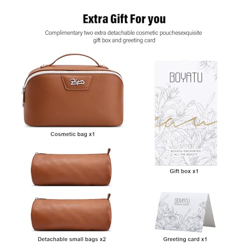 BOYATU Travel Makeup Bag Cosmetic Bags for Women: Large Capacity 3 Pcs Set Make up Bag with Compartments - Waterproof Vegan Leather Toiletry Organizer Bags with Handle (L25Brown) - color: L25Brown