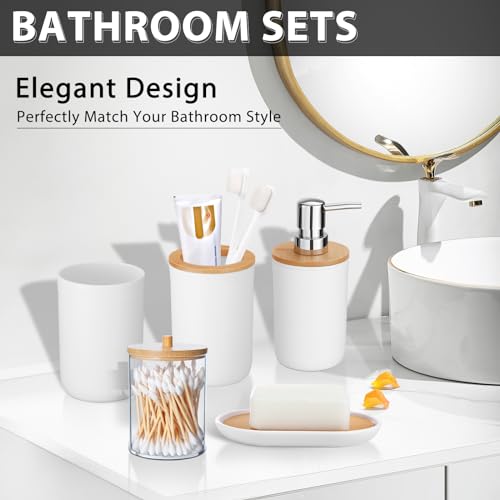 iMucci Bathroom Accessories Set 5Piece White Bathroom Sets, Toothbrush Holder, Toothbrush Cup, Lotion Soap Dispenser, Soap Dish and Qtip Holder Bathroom Decor - style: White
