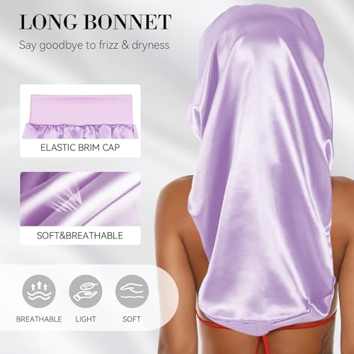 Long Bonnet-Crochet Hair Net Set Braid Bonnets for Black Women Mesh Hair Net Anti Frizz Satin Large Bonnet for Curly, Braids Hair 2 Piece Set Reusable Elastic (black net, light purple bonnet) - color: Black Net, Light Purple Bonnet