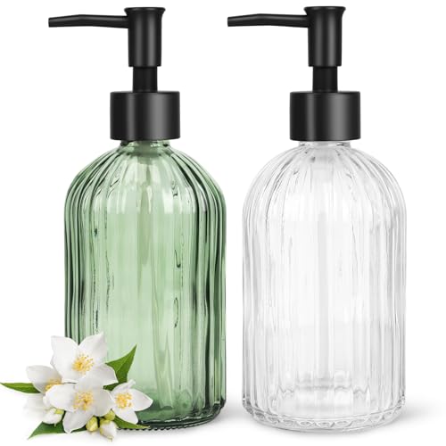 Topsky 2 Pack Glass Soap Dispenser with Black Plastic Pump, 400ml Liquid Hand Soap Dispenser, Rustproof Pump for Kitchen & Bathroom, Great for Lotions, Essential Oil, Liquid Soaps-Clear & Green - color: Stripe-clear&green, size: Plastic Pump