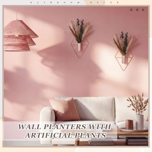 Jexine 4 Pcs Hanging Planters with Artificial Pampas Rose Gold Metal Hanging Vase Indoor Plants Holder Modern Geometric Boho Bathroom Wall Decor for Living Room Home Office - color: Rose Gold, size: Pampas