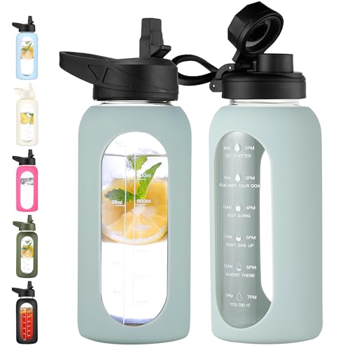 CIVAGO 32 oz Glass Water Bottle with Straw and Handle, Large Sports Motivational Water Bottle Flask with Time Marker and 2 Lids, Leakproof Water Jug Canteen with Silicone Sleeve for Gym, Sage - color: .Sage, size: 32 Ounces