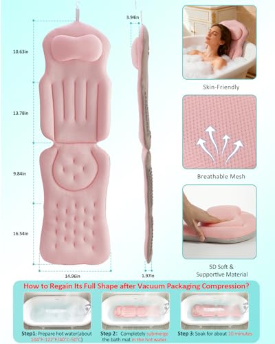 Full Body Bath Pillow for Bathtub, 5D Thick Tub Pillow for Bathtub with 192 Non-Slip Suction Cups, Laundry Bag & Hook, Bathtub Pillow for Head, Neck & Back Support (Pink, 51"*15") - color: Light Pink