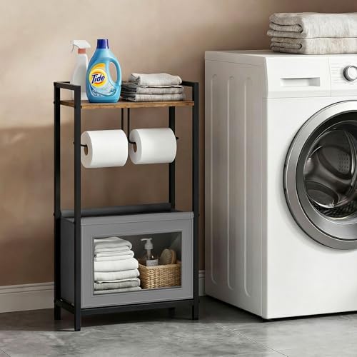 Toilet Paper Holder Free Standing with Storage Basket, Bathroom Tissue Holder Stand with Top Wood Shelf for Phones, Wet Wipes, Small Plants, Metal Toilet Paper Rack for Bathroom Organizer, Black