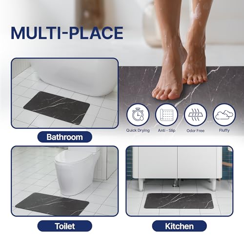 Aureo Super Absorbent Diatomaceous Bath Mat, Quick Dry, Soft Non-Slip Rug for Bathroom, Kitchen, Entryway, Easy Clean, Marble Design, 27.55" x 15.74", Black