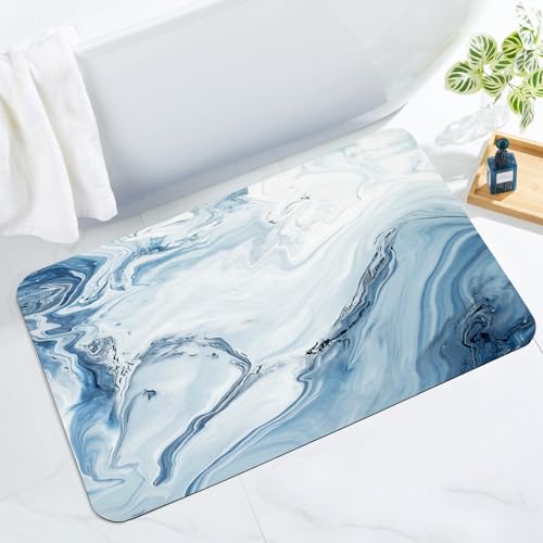 MitoVilla Blue Marble Bathroom Runner Rug, Modern Abstract Shower Floor Mat, Washable Non Slip Absorbent Carpet Floor Mat, 20" x 32" - color: Marble04 - Blue, size: 20" x 32"