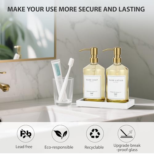 Dish Soap Dispenser for Kitchen, Glass Kitchen Soap Dispenser Set with Stainless Steel Pump, Modern Farmhouse Bathroom Decor & Accessories (Yellow Bottle/Gold Pump) - color: Yellow Bottle + Gold Pump