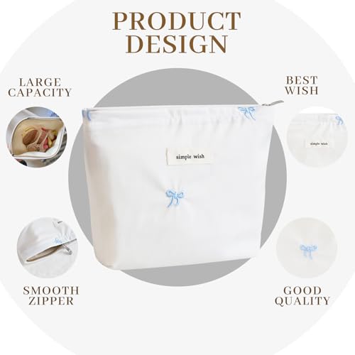 Wudygirl Makeup Bag Travel Cosmetic Bag for Women Small Makeup Pouch with Handle Zipper Cosmetic Pouch Handbag Aesthetic 8.3" x 5.9"(Blue Bow) - color: Blue Bow