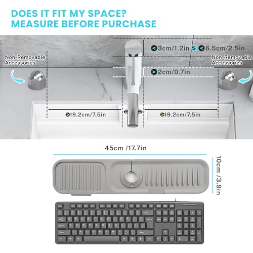 Daily Treasures 45 x 10 cm Splash Sink Guard,Narrow Rim Design Silicone Faucet Mat for Kitchen,5°Slope Water Catcher Mat,Tidy Mat for Kitchen Sink Bathroom Counter Sink Accessories(Grey)