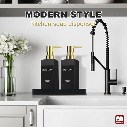 GMISUN Kitchen Soap Dispenser Set with Tray, Dish Soap Dispensers for Kitchen, 12fl oz/350ml Hand and Dish Soap Dispenser Set, Black Soap Dispensers with Gold Pump, Glass Liquid Soap and Lotion Bottle - color: Black Bottle+gold Pump+black Tray