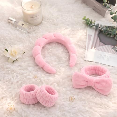 Makeup Headband for Washing Face Wristband Set, Pink | Soft absorbent fabric, snug head-hugging fit for face washing, skincare, makeup, masks, travel, women and teen girls - color: Pink