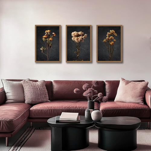 3Pcs Framed Vintage Wall Art Prints, Retro Moody Floral Botanical Canvas Painting Farmhouse Decor, Black Dark Classical Flower Wall Art for Bathroom, Bedroom, Living Room, Gallery,12x16in - color: Vintage Dried Flower Wall Art, size: 12x16 Inches