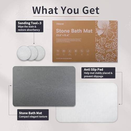 XMarrat Stone Bath Mat Large, 23.6'' x 15.4'' Diatomaceous Earth Non-Slip Stone Shower Mat, Super Absorbent Diatomite Stone Mats for Bathroom, Quick Drying, Easy to Clean (Dark Gray) - color: Dark Grey F2, size: 23.6" x 15.4" (Rectangular)