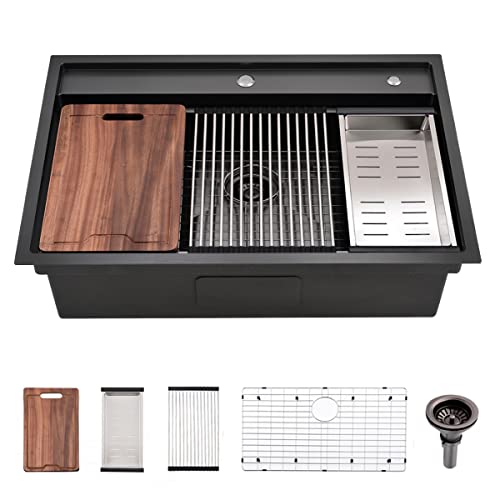 33 Inch Black Drop In Kitchen Sink - VOKIM33 x22 Inch Drop In/To pmount sink Workstation Splash Guard Stainless Steel 16 Gauge 10'' Deep Single Bowl Sink with Cutting Board & Strainer - color: Black（Splash Guard）, size: 33"L x 22"W x 10"D