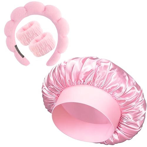 Pink Headband Hair Bonnet For Sleeping Shower Cap For Women Reusable Waterproof Skincare Head Bands Hair Accessories For Women Satin Bonnet Spa Headband Wrist Bands for Washing Face