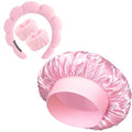 Pink Headband Hair Bonnet For Sleeping Shower Cap For Women Reusable Waterproof Skincare Head Bands Hair Accessories For Women Satin Bonnet Spa Headband Wrist Bands for Washing Face