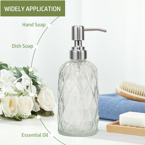 12Oz Clear Glass Soap Dispenser with Stainless Steel Pump, Diamond Design Refillable Kitchen Liquid Hand Soap Dispenser, for Dispense Hand soap, Dish Soap, Lotion, Bathroom, Countertop, Hotel - color: Clear a