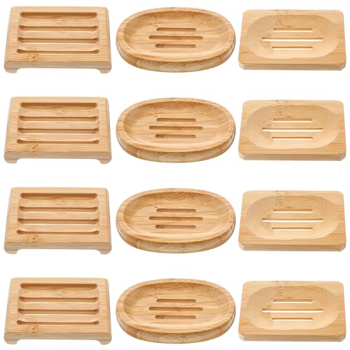 12 Pcs Bamboo Soap Dish Bulk, Self-Draining Non-Slip Bamboo Soap Trays Bulk, Wooden Soaps Holder Tray, Shampoo Bar Holder for Bathroom, Kitchen (3 Sizes)