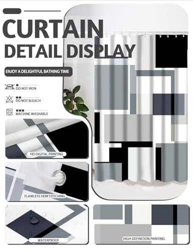 Lnond Grey Black Bathroom Set, 22-Piece Grey Black Geometry Bathroom Decor Set with with Shower Curtain and Rugs, Trash Can, Toilet Brush Holder Set & Soap Dispenser - style: Grey Geometric
