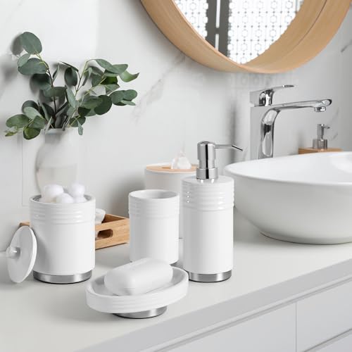 RQYIXI Bathroom Accessories Set 4 Pieces Ceramic Bathroom Accessory with Metal Base Set Contain Soap Dispenser Cotton Swab Jar Toothbrush Cup Soap Dish - color: White Metal Base