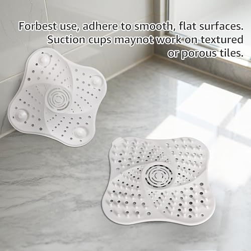 Silicone Hair Catchers Drain Screens 2-Pack, 5.31-inch Square Shower Drain Protectors Strainers with Suction Cup Suit for Showers, bathrooms, Sinks, Floor drains (White)