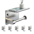 Toilet Paper Holder with Phone Shelf, Adhesive or Screw Wall Mount Toilet Tissue Roll Holder with 5 Stainless Hook,Rustproof and Bathroom Washroom Tissue Roll Holder with Storage Shelf - Silver