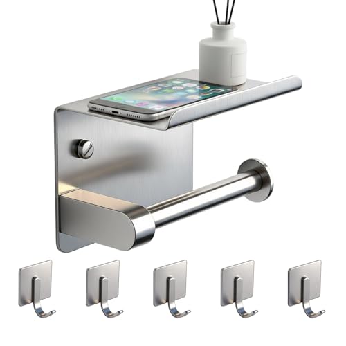 Toilet Paper Holder with Phone Shelf, Adhesive or Screw Wall Mount Toilet Tissue Roll Holder with 5 Stainless Hook,Rustproof and Bathroom Washroom Tissue Roll Holder with Storage Shelf - Silver