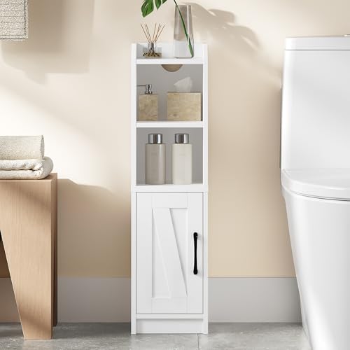 Hzuaneri Bathroom Storage Cabinet, Small Farmhouse Corner Floor Cabinet with Door and Shelves, Narrow Toilet Paper Holder Stand, Bathroom Organizer with Adjustable Shelf, for Small Spaces, White - color: White, size: 7.9"D x 7.9"W x 29.5"H