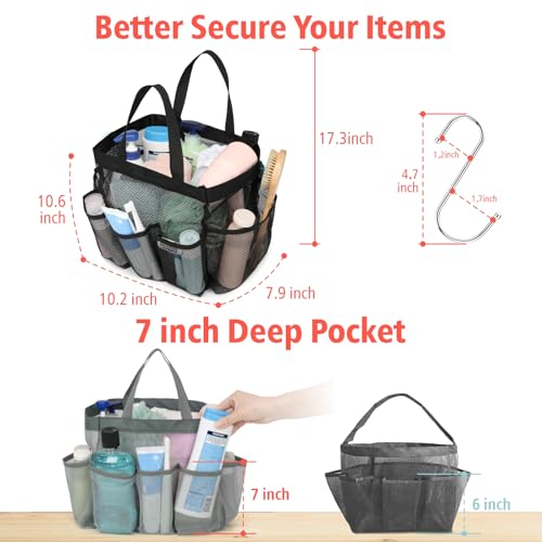 Mesh Shower Caddy Portable - 8 Pockets, S-Hook, Shower Bag for Dorm Camping | 2-Handle, Quick-Dry, Hanging Toiletry Organizer, College Dorm Room Essentials for Girls, Gym, Travel & Bathroom, Grey - color: Grey, size: L (Classic Dorm Caddy)