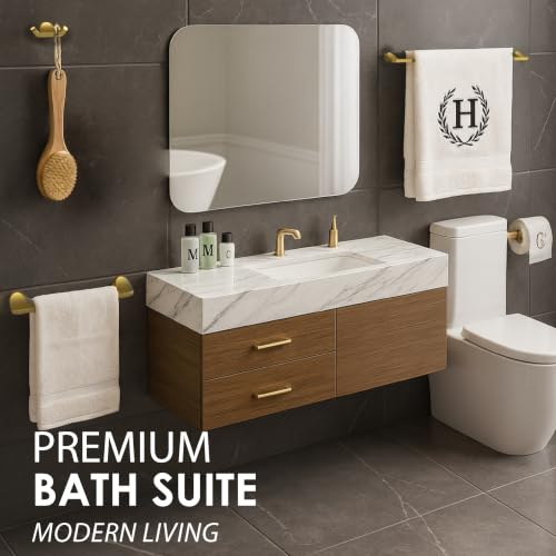 Mega Handles Bathroom Towel Holder Set - 4 Pieces Bathroom Accessories Sets - Heavy Duty Bathroom Accessory Set, 25'' Towel Bar, Robe Hooks & Toilet Paper Holder Wall Mounted - Satin Brass Bath Suite - color: Satin Brass