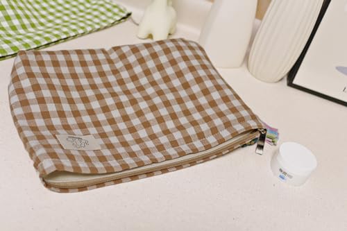 HAPPYHEIDI Khaki Gingham Cotton Makeup Bag Cosmetic Travel Pouch with Bottom, Make Up Purse Organizer, Zipper Closure, Canvas Lined… - color: SX427 Khaki Gingham Cotton