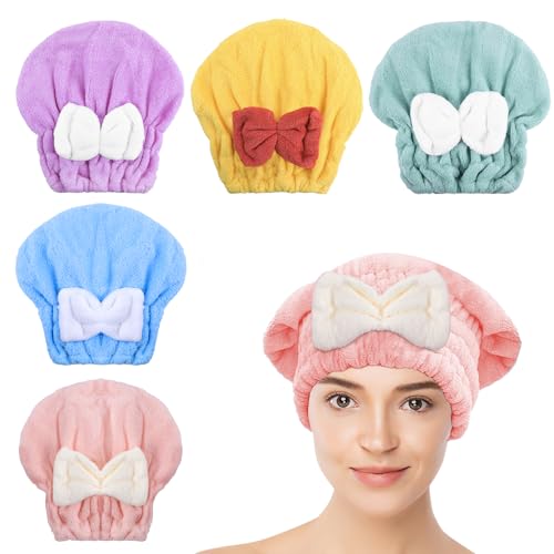 Microfiber Hair Drying Caps, 5-Pack Extra Soft and Ultra Absorbent Fast-Drying Hair Turban Wraps, Shower Caps for Girls and Women with Cute Bowtie Design（11" L x 10" W）