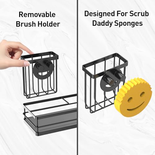 Moforoco Kitchen Dish Soap Dispenser Set, 16OZ Glass Bottle, Hand and Dish Soap Dispenser Set, Instant Dry Tray, Brush Holder with Smiley Face Sponge Holder (Black Tray+Clear Bottle) - color: Black Tray+clear Bottle