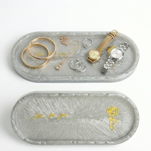 Bathroom Vanity Trays for Counter: Grey Resin Towel Tray Organizer with Words - Oval Bathroom Sink Tray Countertop - Decorative Tray for Perfume/Oil Bottles - color: Grey2