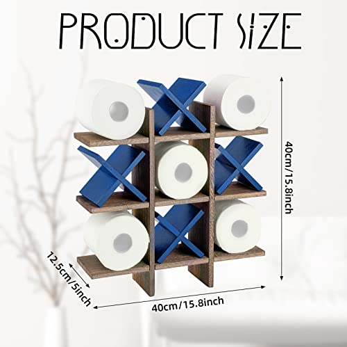 Weysat Tic Tac Toe Toilet Paper Holder Stand Bathroom Wall Decor Rustic Wooden Hanging Storage Freestanding Wall Mounted Shelves Decor for Toilet Tissue Farmhouse - color: Brown, Blue