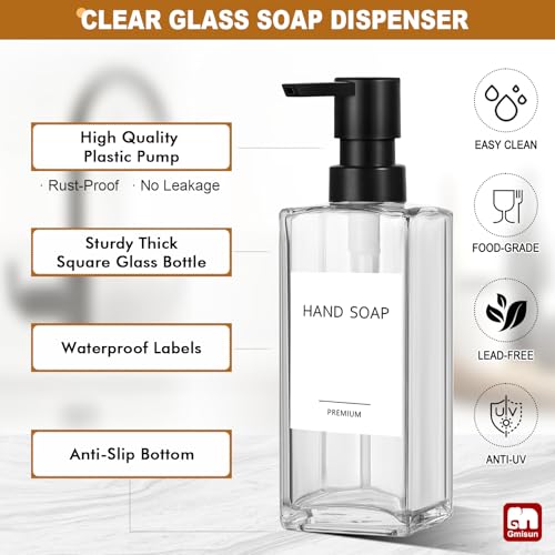 GMISUN Kitchen Soap Dispenser Set, 12 fl oz / 350 ml Dish Soap Dispensers with Sponge Holder, Customized Clear Glass Dish soap Dispenser for Kitchen, Modern Soap Dispensers Set Removable - color: Clear Bottle + Black Rack
