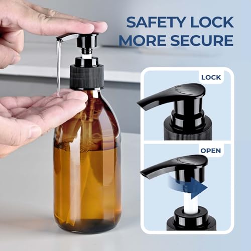 8 oz Glass Pump Bottle, 250ml Small Lotion Dispenser Bottle for Body Massage Oil, Refillable Empty Hand and Dish Soap Dispensers Set with Storage Caps, Labels - Amber & Clear, 2 Pack - color: Clear & Amber