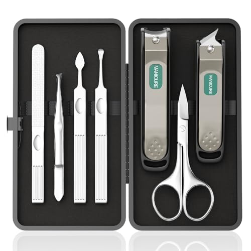 Professional Manicure Set for Men & Women, 7-Piece Stainless Steel Nail Grooming Kit with Large Nail Clippers, Travel Manicure Kit in Black PU Leather Case