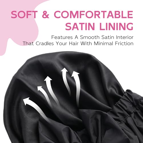 Years Calm Extra Large Shower Cap for Long Thick Hair – Waterproof Double Layer Bath Cap with Satin Lining, Secure Elastic Fit for Braids, Curls & Extensions - color: Black