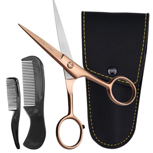 Ontaki Beard & Mustache Scissors for Men - 5inch, Rose Gold - 410C German Steel Durable, Ergonomic Design Travel Friendly Facial Hair Scissors - Beard Grooming Kit 2 Combs & Case Perfect for Styling - color: Rose Gold