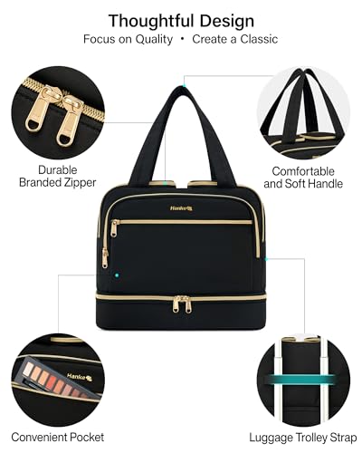 Hanke Travel Toiletry Bag, Lightweight Wide-open Large Toiletry Bags for Women, Dual-Layer Makeup Bag Water-Resistant Cosmetic Travel Bag with Handle for Accessories, Essentials, Black - color: Black