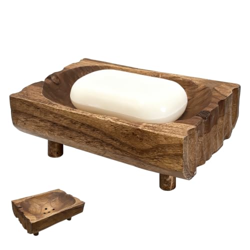 Natural Teak Wood Soap Holder, Automatic Draining Soap Tray with Drain Holes, Handmade Rustic Soap Dish & Countertop Soap Saver Stand for Bathroom and Kitchen