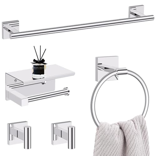 5-Piece Polish Chrome Bathroom Hardware Set, SUS304 Stainless Steel Bathroom Accessories Set 23.6 inches Towel Bar, Toilet Paper Holder with Shelf, Towel Ring and Two Towel Hooks Wall-Mounted - color: Polished Chrome, size: 5 Pieces - With Shelf