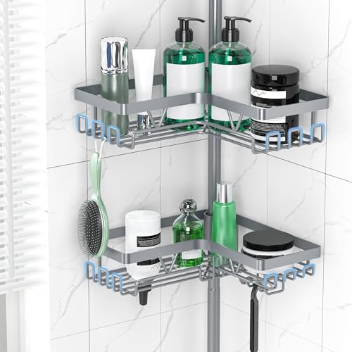 DAOYA Corner Shower Caddy Tension Pole, Light Gray | 4-Tier, Rustproof, Adjustable 25-114.2 Inch, Bathroom Organizer for Renters, Bathtub Shampoo Storage - color: Light Gray